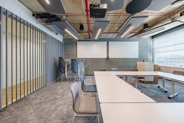 Meeting room with acoustic curtains
