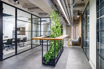 Corridor with glass partitions in offices with natural elements