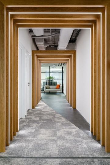Long corridor with wooden elements