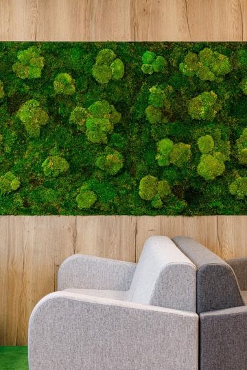 A shot of a comfortable chair and a mossy wall enlivening the environment at Toyota
