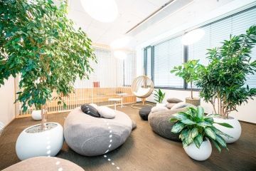 Relaxační místnost s atypickým posezením ve formě kamenů a s přírodními prvky