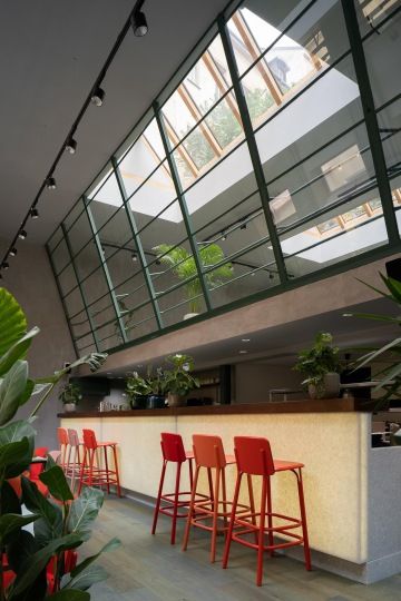 bar s červenými židlemi a rostlinami