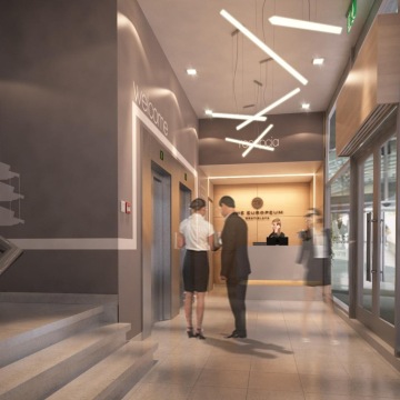 The redesign reception in the Europeum office building has been fitted with hanging design lights and a navigation system on the walls.