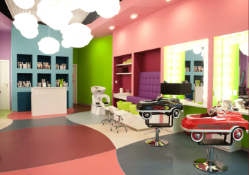 The design of Funny Sassy hairdresser design, colorful and cheerful environments adds to the modern playful furniture.