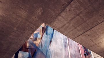 Combination of concrete ceiling and painting on the wall