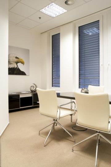Aquila Capital's interior view, combining dark storage space and table, light beige chairs and carpet with an eagle's image on the wall.