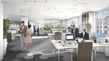 Open space kancelář s nadčasovým designem a s minimalistickým interiérem navodí příjemnou atmosféru pro zaměstnance. Dekorace ve formě květin a tapet na stěně dodává místnosti neobvyklý vzhled.