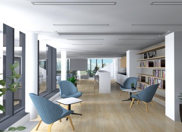 Moderní kancelářské prostředí s komfortními křesly v pastelových barvách. Minimalistický design a přirozené světlo dodávají místnosti příjemnou atmosféru.