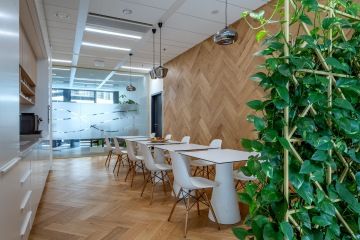 Firemní kuchyňka s dřevěným obkladem v obklopení rostlin