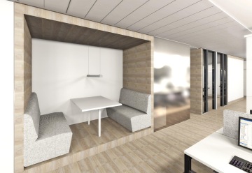 Uzavřený výklenek pro větší soukromí při rozhovorech mezi zaměstnanci v rušném open space prostoru. Design výklenku je v béžových barvách s komfortními sedačkami.