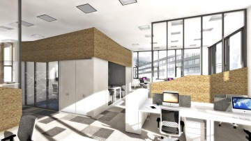 Nadčasový design open space kanceláře v bílých barvách doplněn o světle dřevěné prvky.