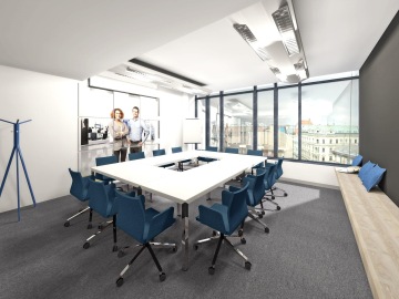 Zasedací místnost s velkými okny více prosvětluje prostor za pomoci přirozeného světla. V místnosti se nachází bílý konferenční stůl s mořskou modrou barvou židlí v mořské modři.