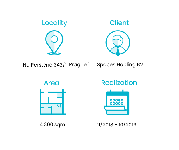 Pohled na relax zónu ve společnosti CAPEXUS. Pohodlné pohovky ve světlých barvách s tyrkysovými křesílky a bílými stolečky.